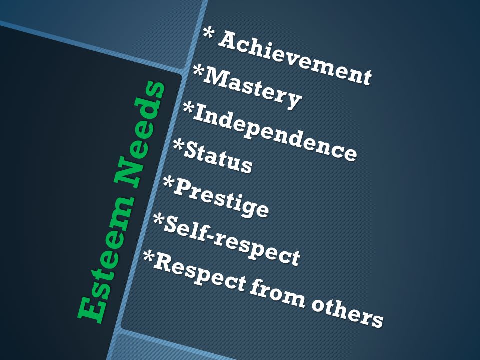 Esteem Needs * Achievement *Mastery*Independence*Status*Prestige*Self-respect *Respect from others