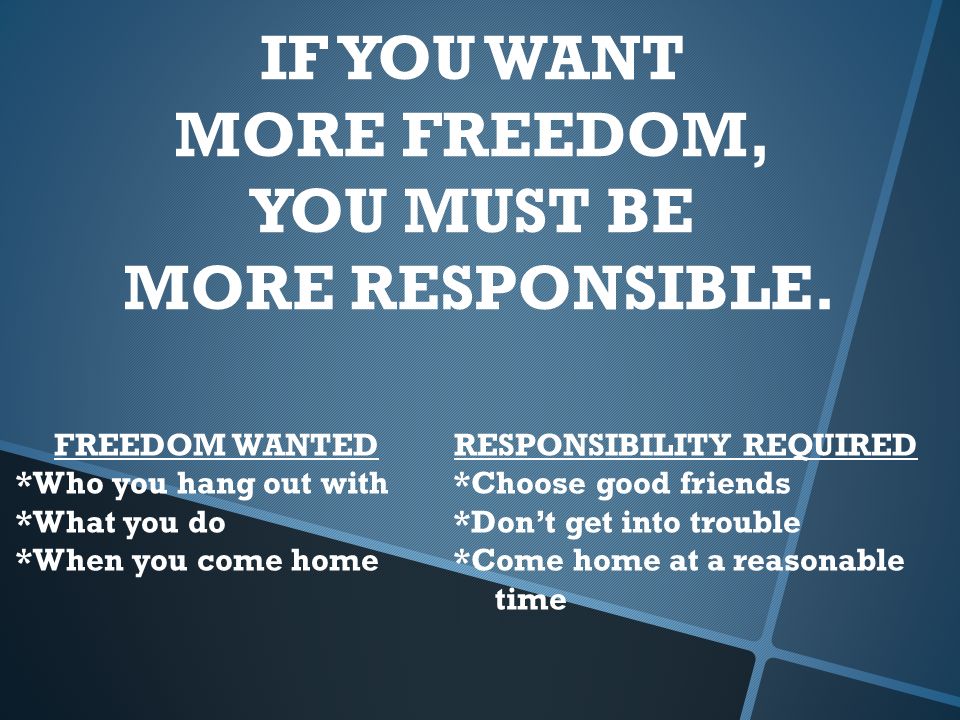 FREEDOM WANTED *Who you hang out with *What you do *When you come home RESPONSIBILITY REQUIRED *Choose good friends *Don’t get into trouble *Come home at a reasonable time IF YOU WANT MORE FREEDOM, YOU MUST BE MORE RESPONSIBLE.