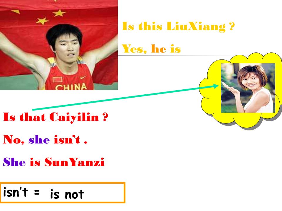 Is this LiuXiang Yes, he is Is that Caiyilin No, she isn’t. She is SunYanzi isn’t = is not