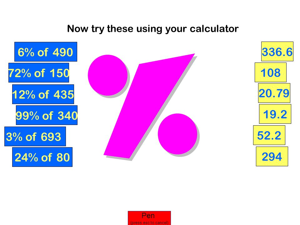 6% of % of % of % of 340 3% of % of Pen (press esc to cancel) Now try these using your calculator