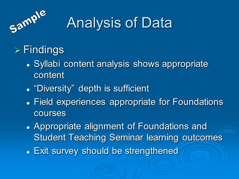 Analysis of Data  Findings Syllabi content analysis shows appropriate content Syllabi content analysis shows appropriate content Diversity depth is sufficient Diversity depth is sufficient Field experiences appropriate for Foundations courses Field experiences appropriate for Foundations courses Appropriate alignment of Foundations and Student Teaching Seminar learning outcomes Appropriate alignment of Foundations and Student Teaching Seminar learning outcomes Exit survey should be strengthened Exit survey should be strengthened