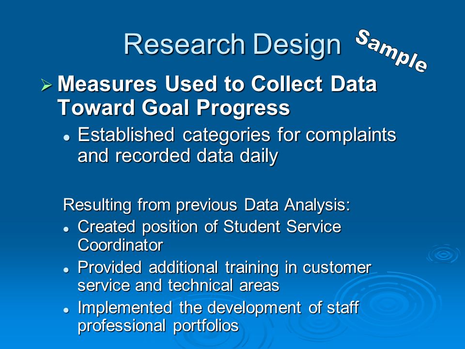 Research Design  Measures Used to Collect Data Toward Goal Progress Established categories for complaints and recorded data daily Established categories for complaints and recorded data daily Resulting from previous Data Analysis: Created position of Student Service Coordinator Created position of Student Service Coordinator Provided additional training in customer service and technical areas Provided additional training in customer service and technical areas Implemented the development of staff professional portfolios Implemented the development of staff professional portfolios