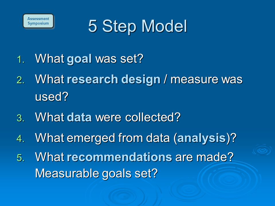 5 Step Model 1. What goal was set. 2. What research design / measure was used.