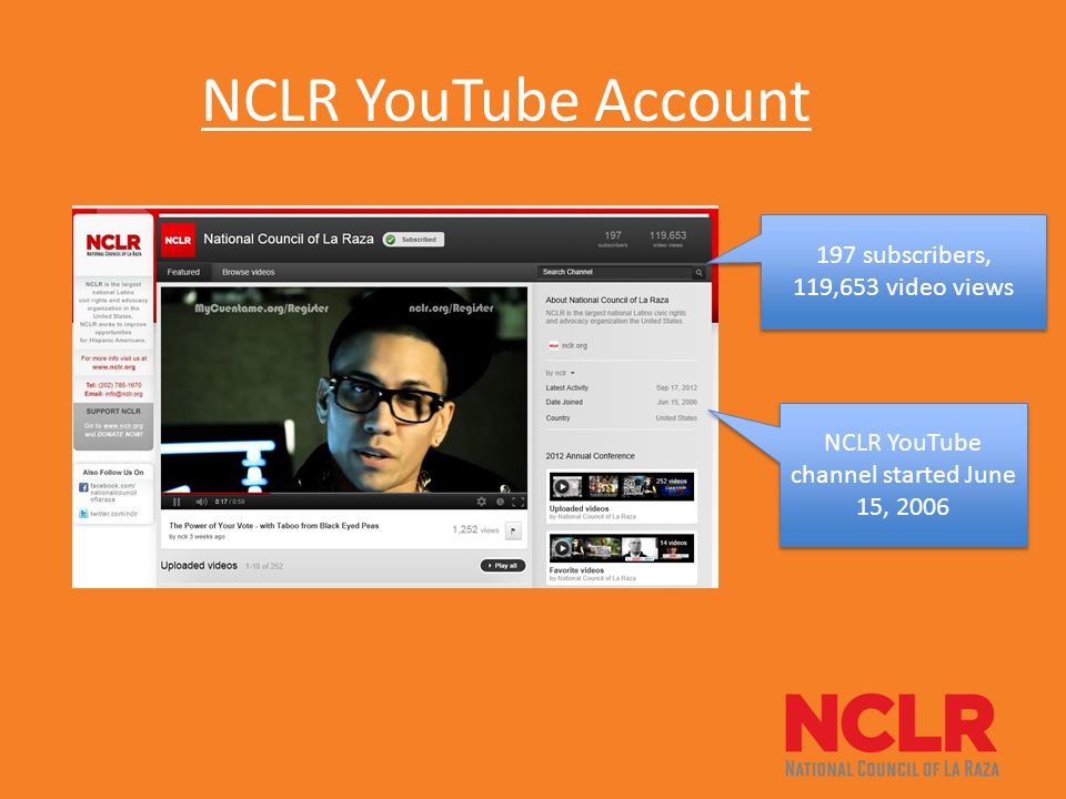 NCLR YouTube Account 197 subscribers, 119,653 video views NCLR YouTube channel started June 15, 2006