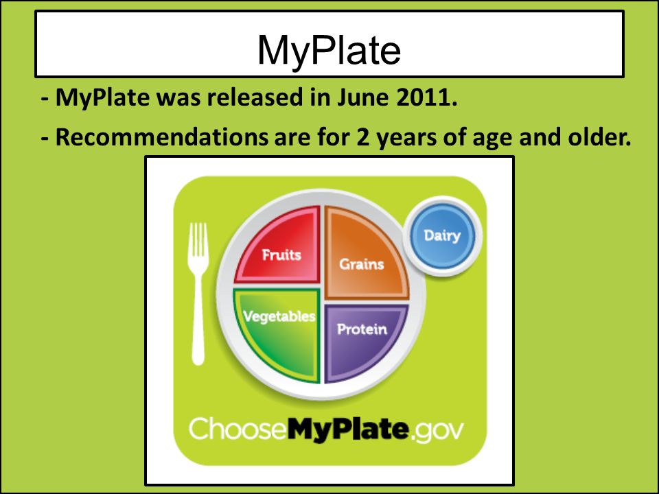 MyPlate - MyPlate was released in June Recommendations are for 2 years of age and older.