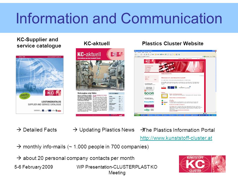 5-6 February 2009WP Presentation-CLUSTERPLAST KO Meeting Information and Communication KC-Supplier and service catalogue  Detailed Facts KC-aktuell  Updating Plastics News  The Plastics Information Portal   Plastics Cluster Website  about 20 personal company contacts per month  monthly info-mails (~ people in 700 companies)