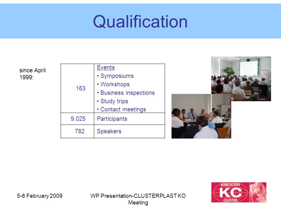 5-6 February 2009WP Presentation-CLUSTERPLAST KO Meeting Qualification 163 Events Symposiums Workshops Business inspections Study trips Contact meetings 9.025Participants 782Speakers since April 1999: