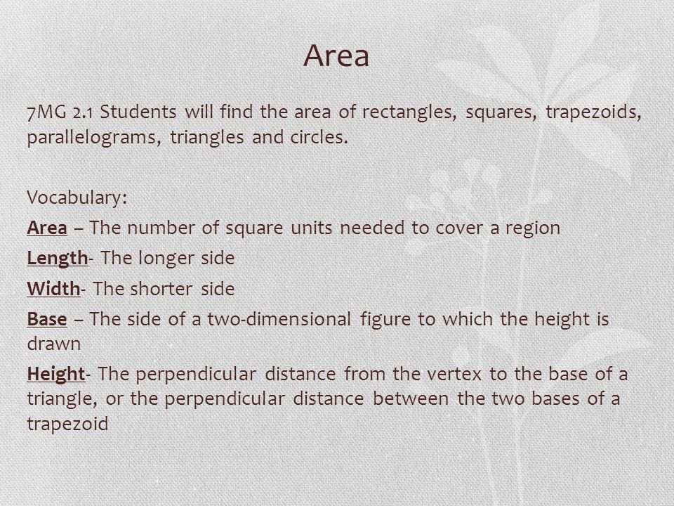 Area 7MG 2.1 Students will find the area of rectangles, squares, trapezoids, parallelograms, triangles and circles.
