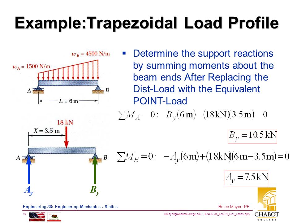 ENGR-36_Lec-24_Dist_Loads.pptx 10 Bruce Mayer, PE Engineering-36: Engineering Mechanics - Statics Example:Trapezoidal Load Profile  Determine the support reactions by summing moments about the beam ends After Replacing the Dist-Load with the Equivalent POINT-Load ByBy AyAy