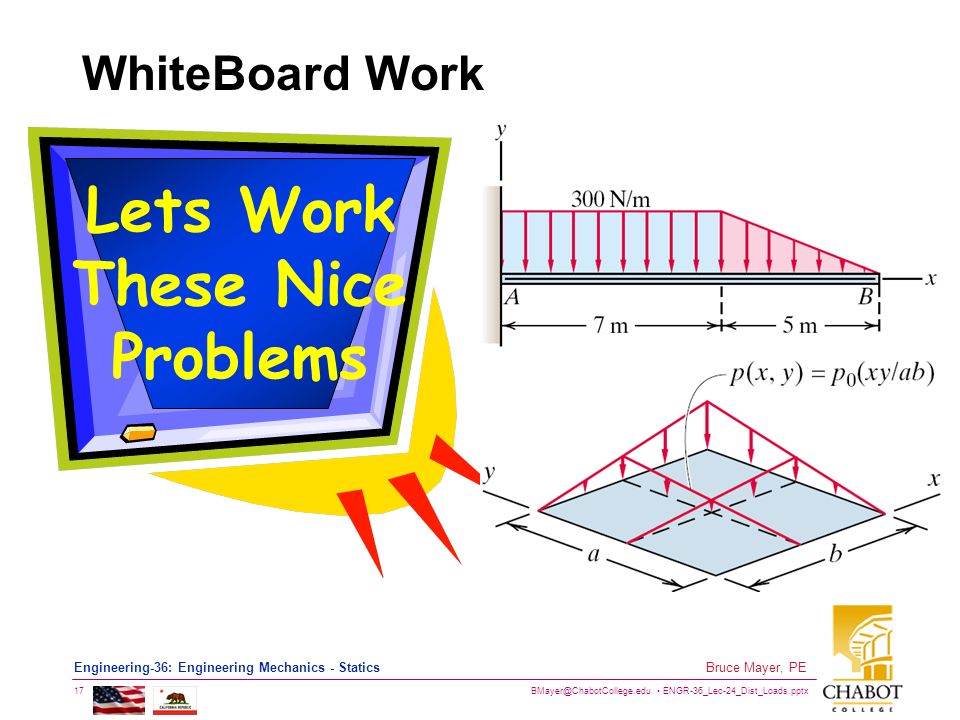 ENGR-36_Lec-24_Dist_Loads.pptx 17 Bruce Mayer, PE Engineering-36: Engineering Mechanics - Statics WhiteBoard Work Lets Work These Nice Problems