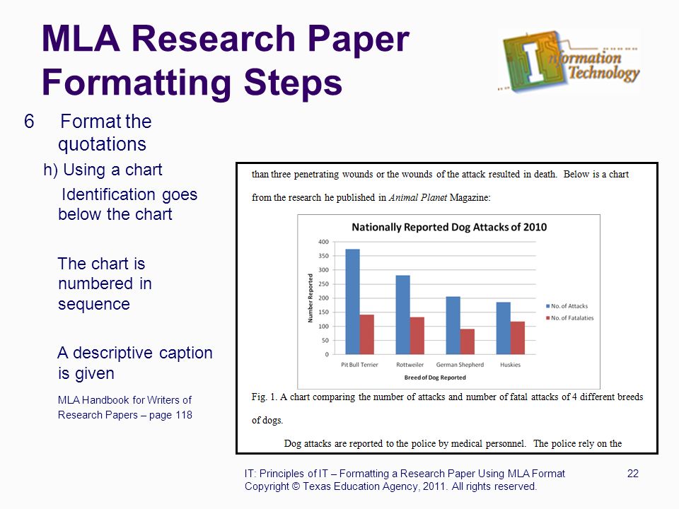 MLA Research Paper Formatting Steps 6 Format the quotations h) Using a chart Identification goes below the chart The chart is numbered in sequence A descriptive caption is given MLA Handbook for Writers of Research Papers – page 118 IT: Principles of IT – Formatting a Research Paper Using MLA Format22 Copyright © Texas Education Agency, 2011.
