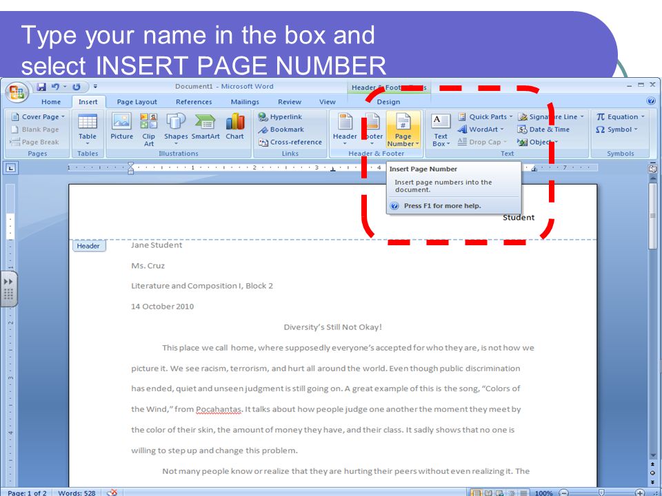 Type your name in the box and select INSERT PAGE NUMBER