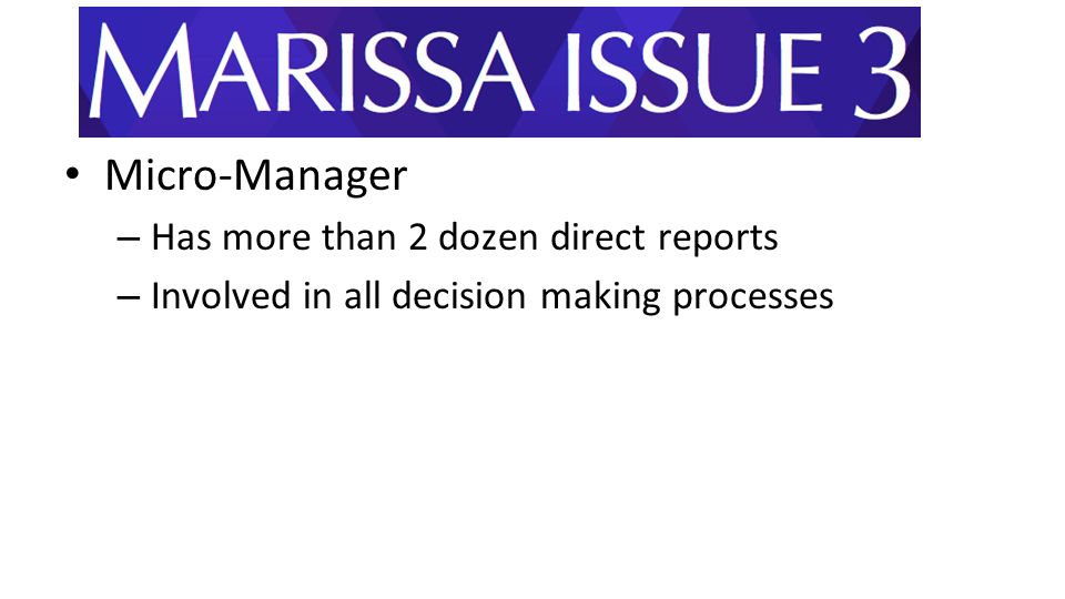 Micro-Manager – Has more than 2 dozen direct reports – Involved in all decision making processes