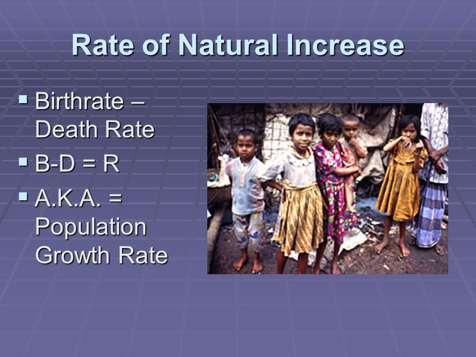Rate of Natural Increase  Birthrate – Death Rate  B-D = R  A.K.A. = Population Growth Rate