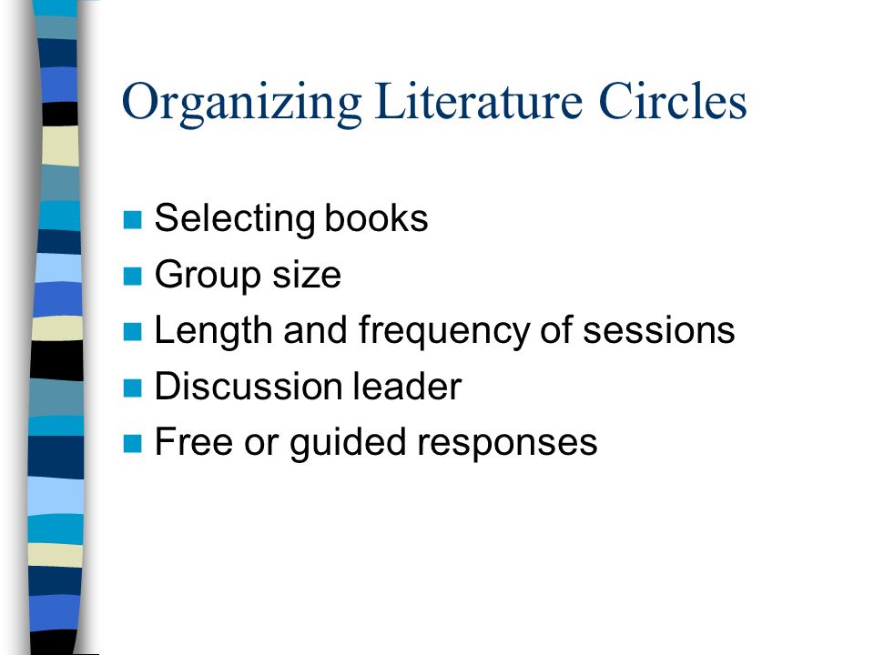 Organizing Literature Circles Selecting books Group size Length and frequency of sessions Discussion leader Free or guided responses