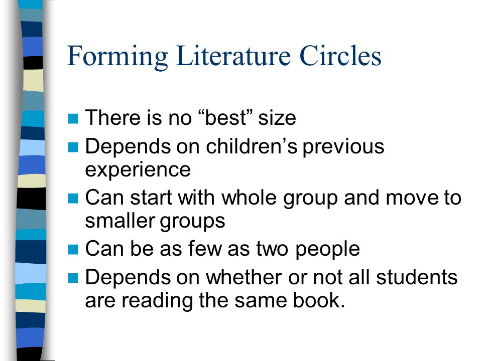 Forming Literature Circles There is no best size Depends on children’s previous experience Can start with whole group and move to smaller groups Can be as few as two people Depends on whether or not all students are reading the same book.