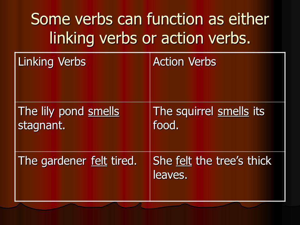 Some verbs can function as either linking verbs or action verbs.