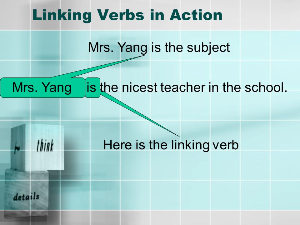 Examples of Linking Verbs Linking verbs include the forms of the verb to be –is, am, was, were, are, be, being, been Linking verbs are also related to the senses –tastes, smells, looks, feels, sounds, seems, and more