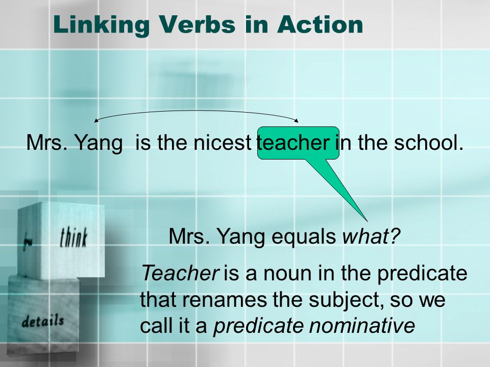 Linking Verbs in Action Mrs. Yang is the nicest teacher in the school.
