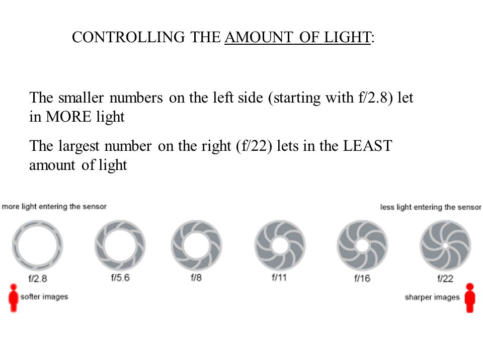 The smaller numbers on the left side (starting with f/2.8) let in MORE light The largest number on the right (f/22) lets in the LEAST amount of light CONTROLLING THE AMOUNT OF LIGHT: