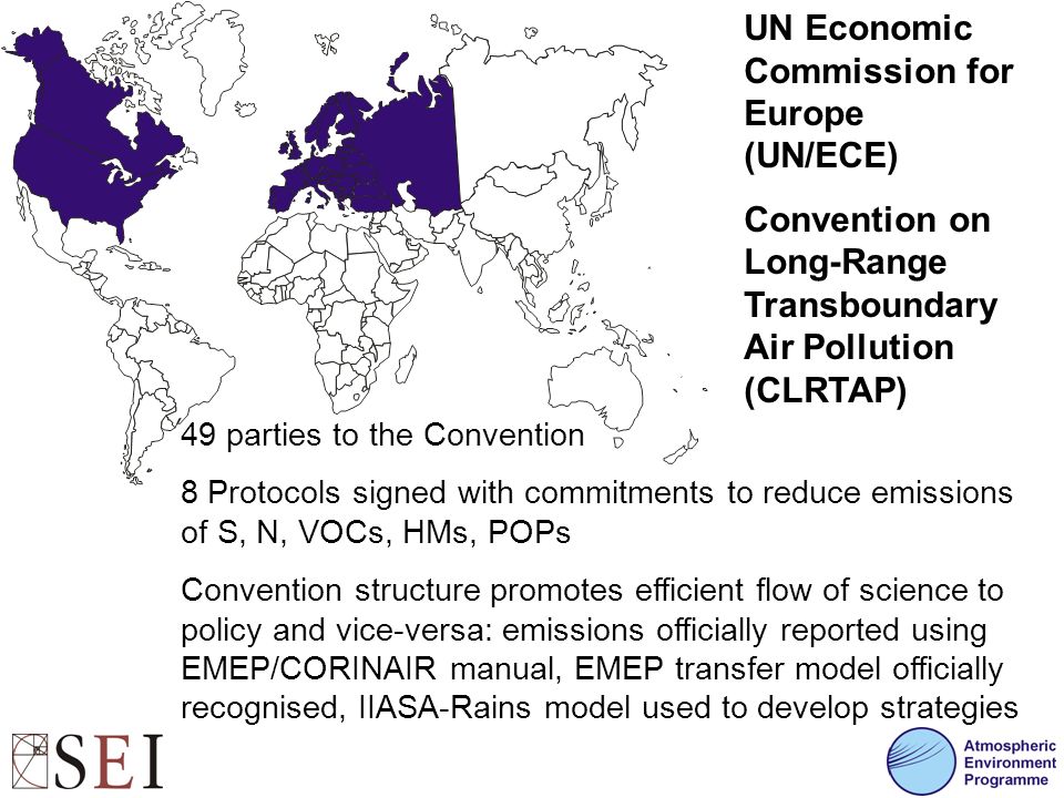 UN Economic Commission for Europe (UN/ECE) Convention on Long-Range Transboundary Air Pollution (CLRTAP) 49 parties to the Convention 8 Protocols signed with commitments to reduce emissions of S, N, VOCs, HMs, POPs Convention structure promotes efficient flow of science to policy and vice-versa: emissions officially reported using EMEP/CORINAIR manual, EMEP transfer model officially recognised, IIASA-Rains model used to develop strategies