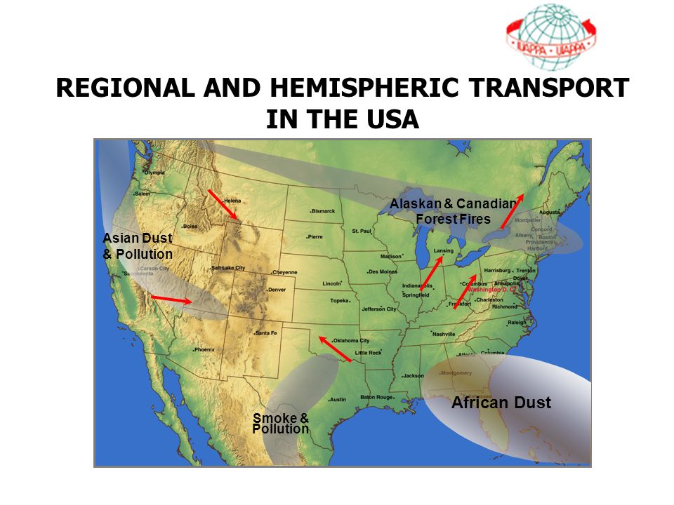 REGIONAL AND HEMISPHERIC TRANSPORT IN THE USA African Dust Alaskan & Canadian Forest Fires Smoke & Pollution Asian Dust & Pollution