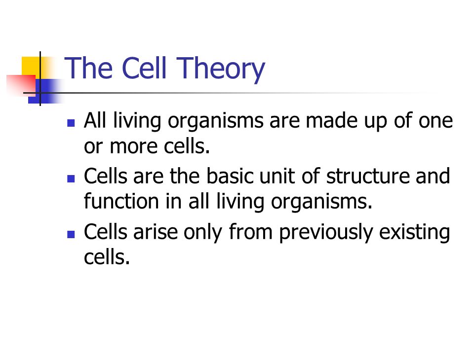 The Cell Theory All living organisms are made up of one or more cells.