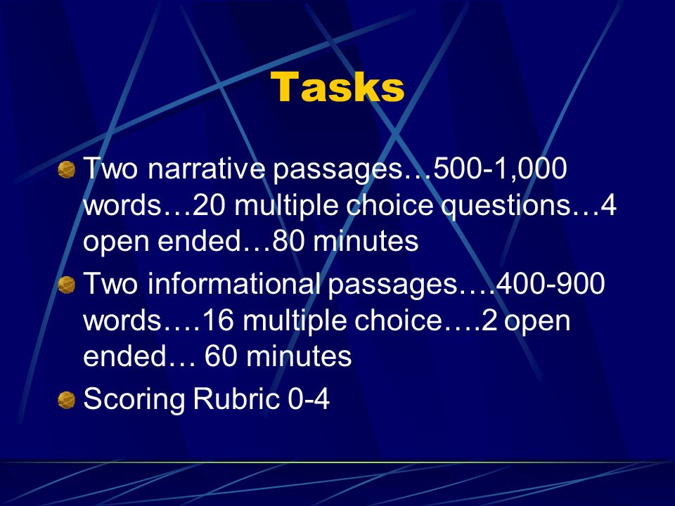 Tasks Two narrative passages…500-1,000 words…20 multiple choice questions…4 open ended…80 minutes Two informational passages… words….16 multiple choice….2 open ended… 60 minutes Scoring Rubric 0-4