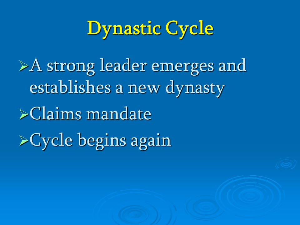 Dynastic Cycle AAAA strong leader emerges and establishes a new dynasty CCCClaims mandate CCCCycle begins again