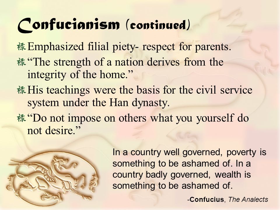 Confucianism (continued) Emphasized filial piety- respect for parents.