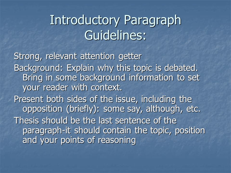 Introductory Paragraph Guidelines: Strong, relevant attention getter Background: Explain why this topic is debated.