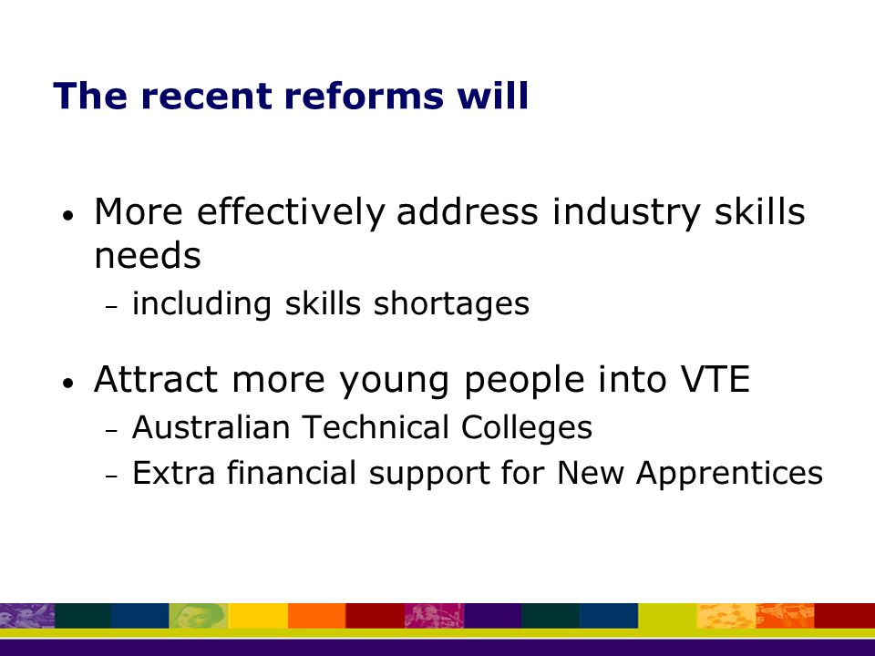The recent reforms will More effectively address industry skills needs – including skills shortages Attract more young people into VTE – Australian Technical Colleges – Extra financial support for New Apprentices