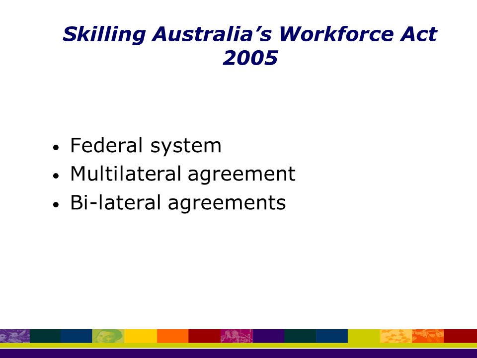 Federal system Multilateral agreement Bi-lateral agreements Skilling Australia’s Workforce Act 2005