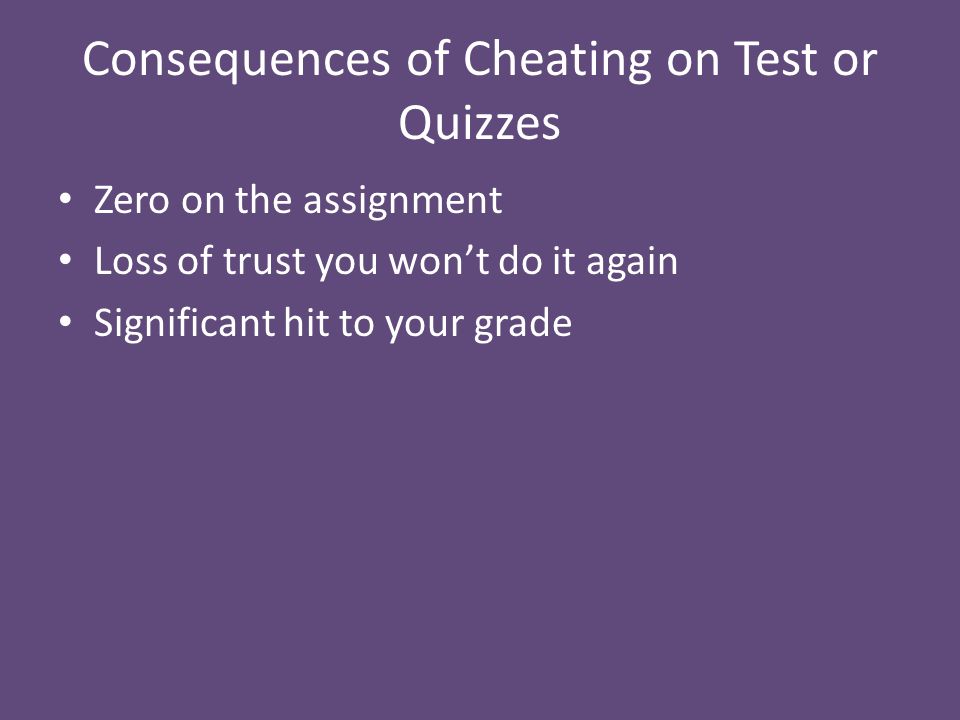 Consequences of Cheating on Test or Quizzes Zero on the assignment Loss of trust you won’t do it again Significant hit to your grade