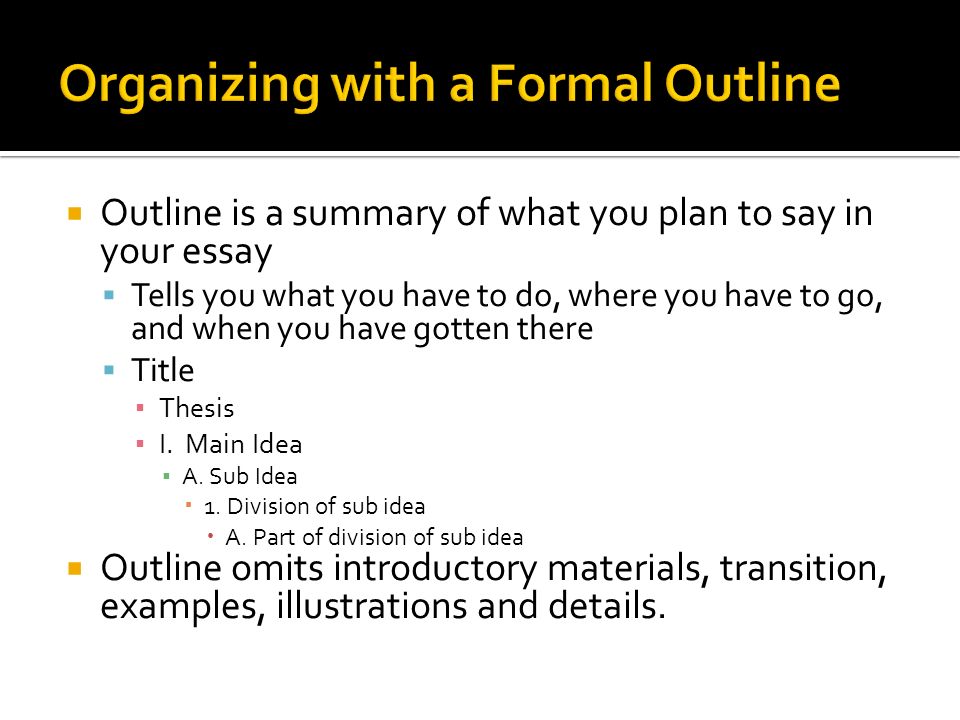  Outline is a summary of what you plan to say in your essay  Tells you what you have to do, where you have to go, and when you have gotten there  Title ▪ Thesis ▪ I.