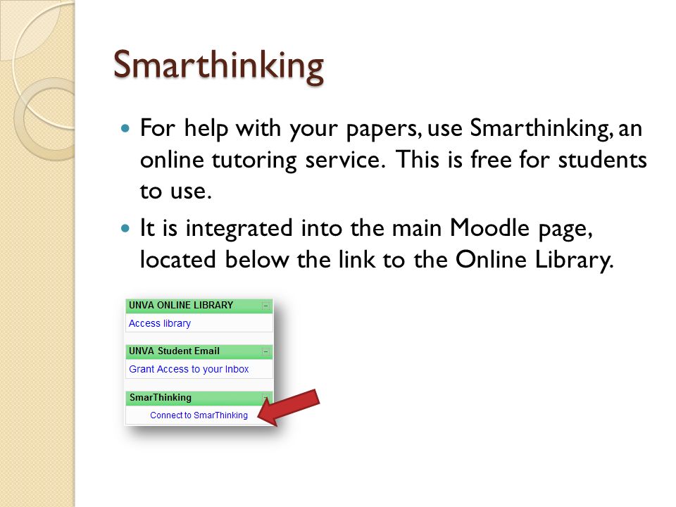 Smarthinking For help with your papers, use Smarthinking, an online tutoring service.