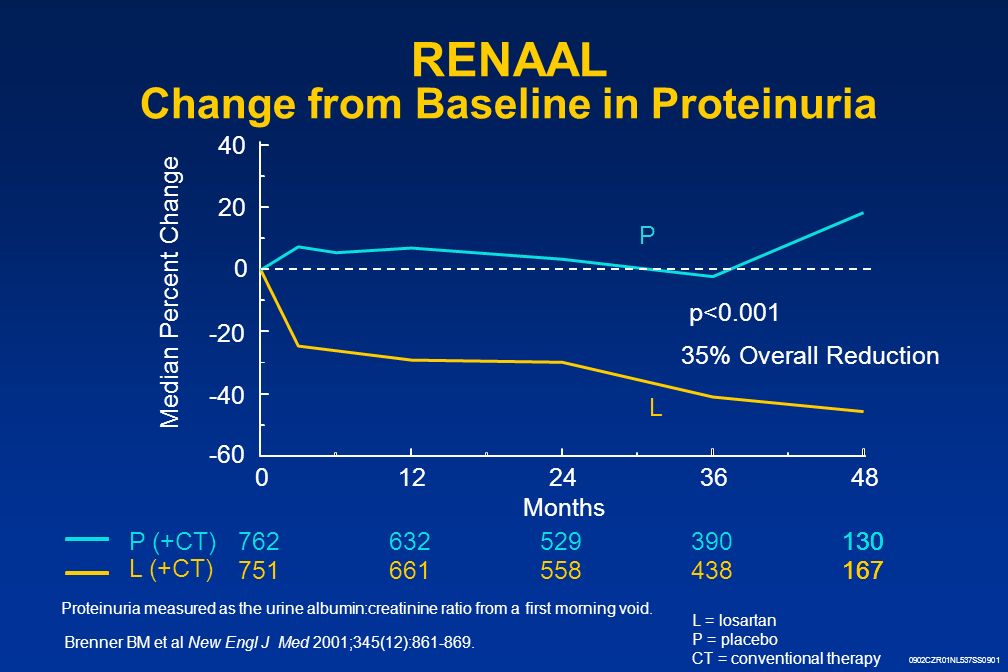 0902CZR01NL537SS0901 RENAAL Change from Baseline in Proteinuria Proteinuria measured as the urine albumin:creatinine ratio from a first morning void.
