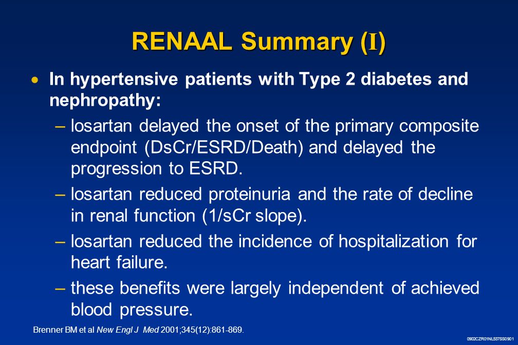 0902CZR01NL537SS0901 RENAAL Summary ( I )  In hypertensive patients with Type 2 diabetes and nephropathy: –losartan delayed the onset of the primary composite endpoint (DsCr/ESRD/Death) and delayed the progression to ESRD.