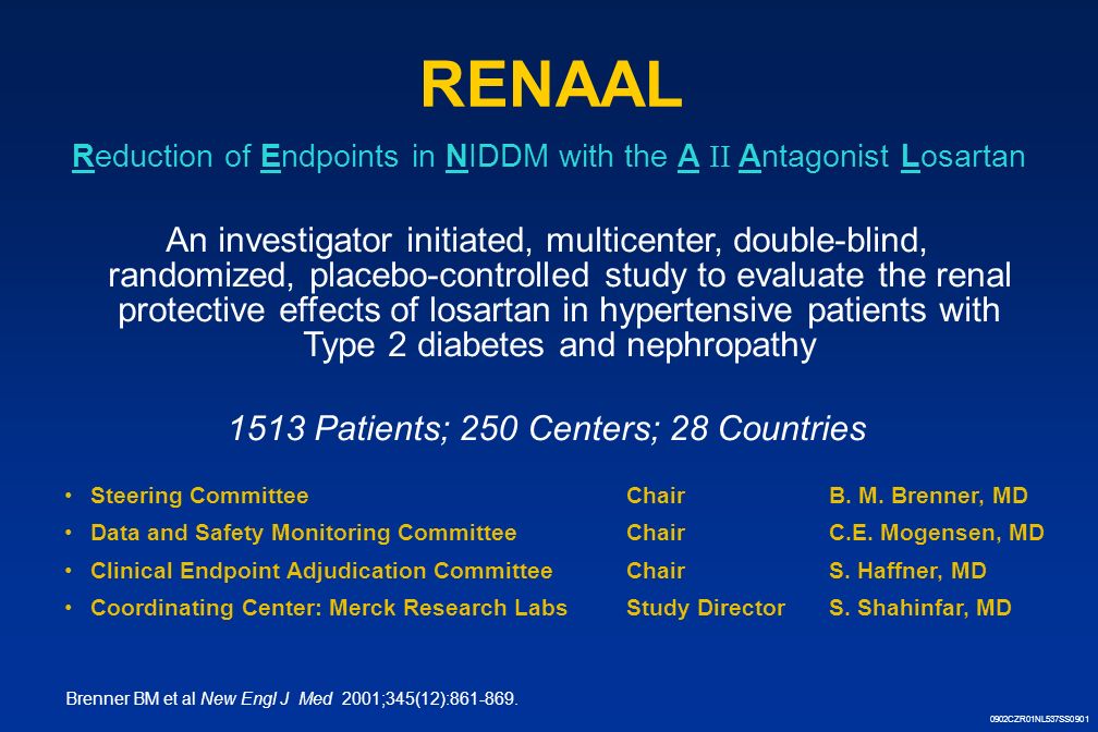 0902CZR01NL537SS0901 An investigator initiated, multicenter, double-blind, randomized, placebo-controlled study to evaluate the renal protective effects of losartan in hypertensive patients with Type 2 diabetes and nephropathy 1513 Patients; 250 Centers; 28 Countries RENAAL Reduction of Endpoints in NIDDM with the A II Antagonist Losartan Steering CommitteeChairB.