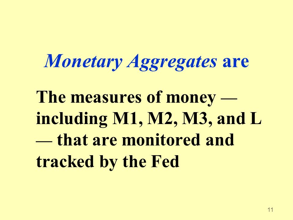 11 Monetary Aggregates are The measures of money — including M1, M2, M3, and L — that are monitored and tracked by the Fed