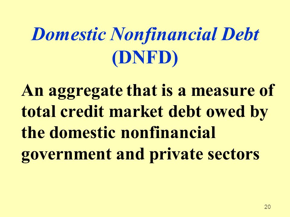 20 Domestic Nonfinancial Debt (DNFD) An aggregate that is a measure of total credit market debt owed by the domestic nonfinancial government and private sectors