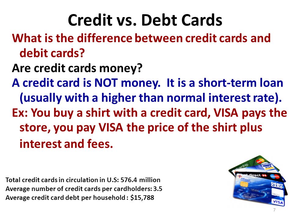 Credit vs. Debt Cards What is the difference between credit cards and debit cards.