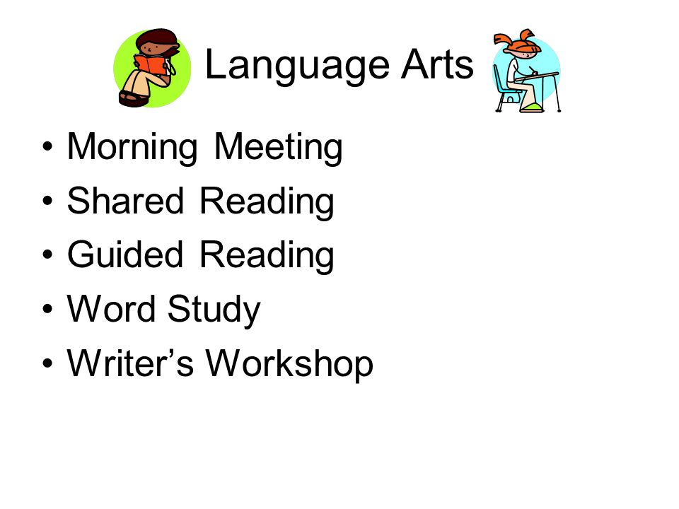 Language Arts Morning Meeting Shared Reading Guided Reading Word Study Writer’s Workshop