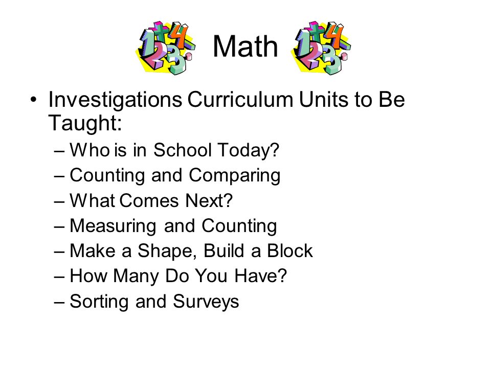 Math Investigations Curriculum Units to Be Taught: –Who is in School Today.