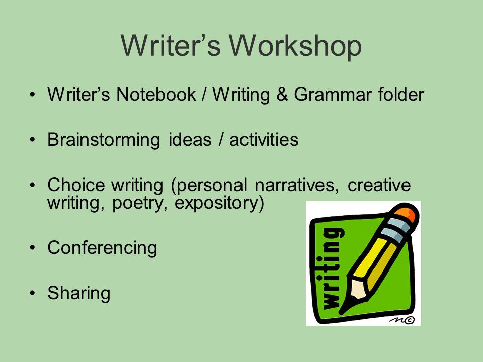 Writer’s Workshop Writer’s Notebook / Writing & Grammar folder Brainstorming ideas / activities Choice writing (personal narratives, creative writing, poetry, expository) Conferencing Sharing