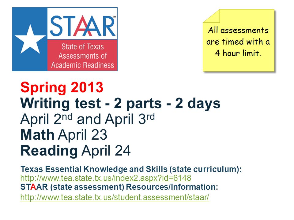 Spring 2013 Writing test - 2 parts - 2 days April 2 nd and April 3 rd Math April 23 Reading April 24 Texas Essential Knowledge and Skills (state curriculum):   id=6148 STAAR (state assessment) Resources/Information: