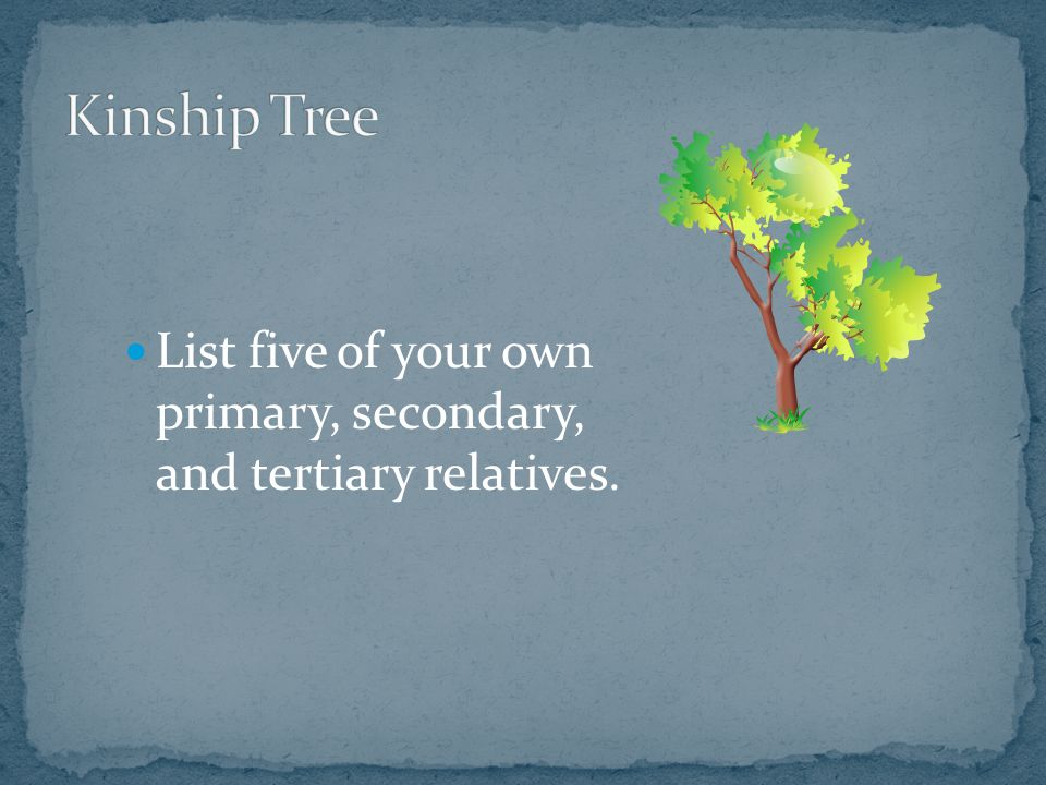 List five of your own primary, secondary, and tertiary relatives.