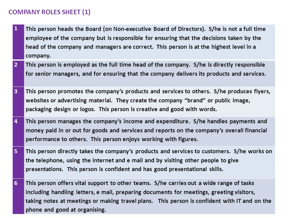 COMPANY ROLES SHEET (1) 1 This person heads the Board (on Non-executive Board of Directors).
