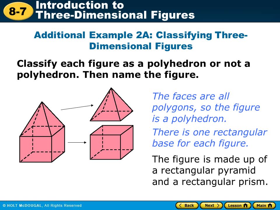 8-7 Introduction to Three-Dimensional Figures Classify each figure as a polyhedron or not a polyhedron.