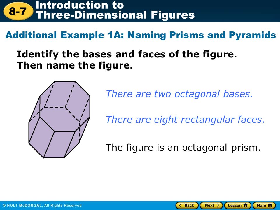8-7 Introduction to Three-Dimensional Figures Identify the bases and faces of the figure.